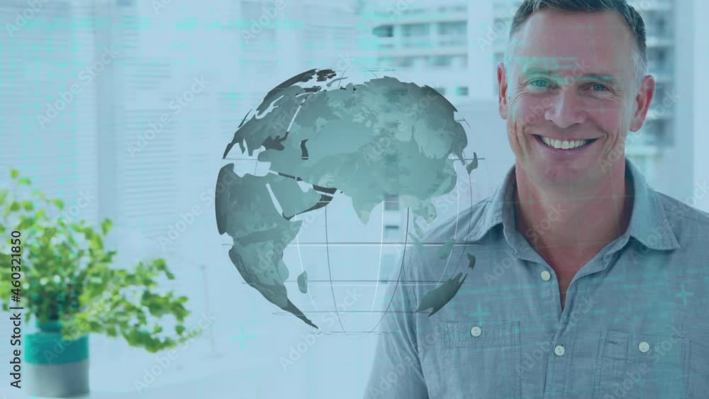 Poster animation of rotating globe and data processing over smiling caucasian businessman at workplace