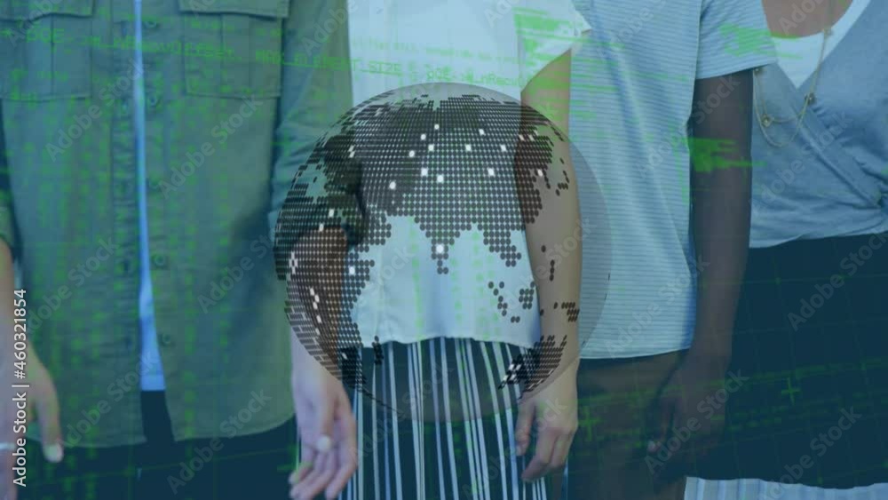 Poster animation of rotating globe and data processing over smiling diverse colleagues at workplace