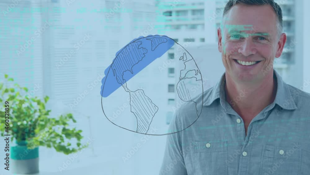 Aufkleber animation of hand drawn globe and data processing over smiling caucasian businessman at workplace