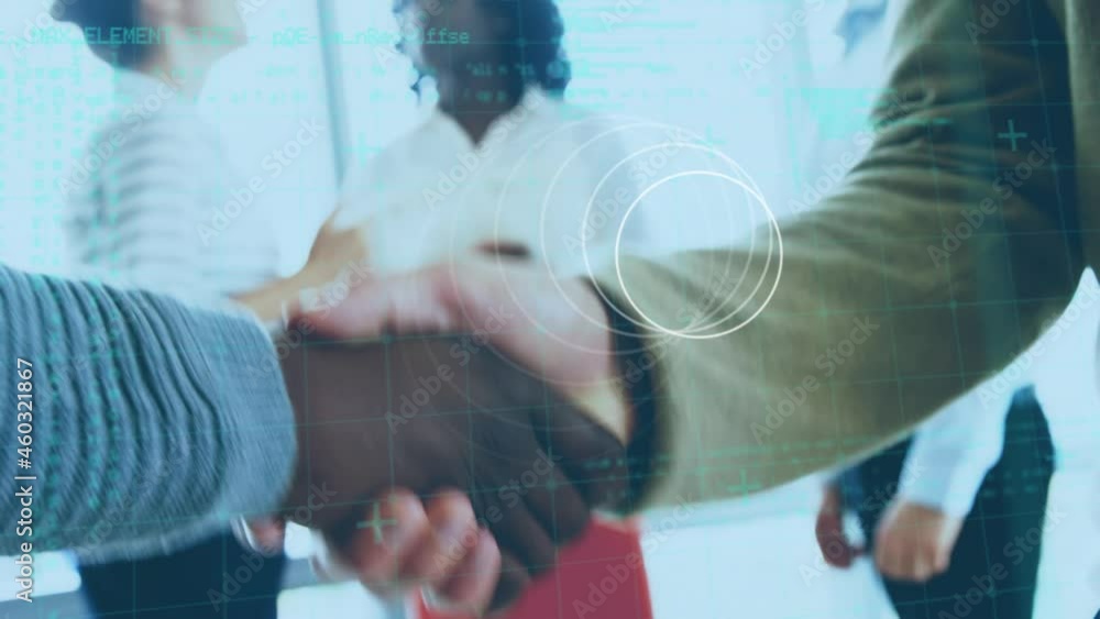 Aufkleber animation of rotating rings and data processing over diverse business colleagues shaking hands