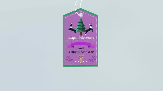 Animation of christmas greetings on tag on grey background