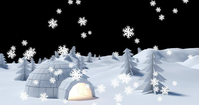 Animation of snow falling over igloo in night winter landscape