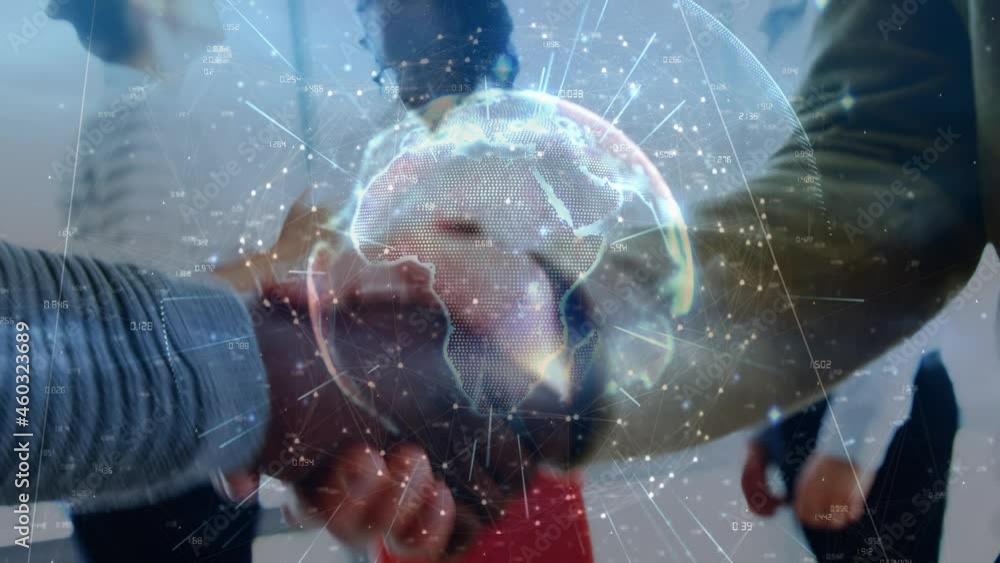 Poster animation of globe network of connection over people shaking hands