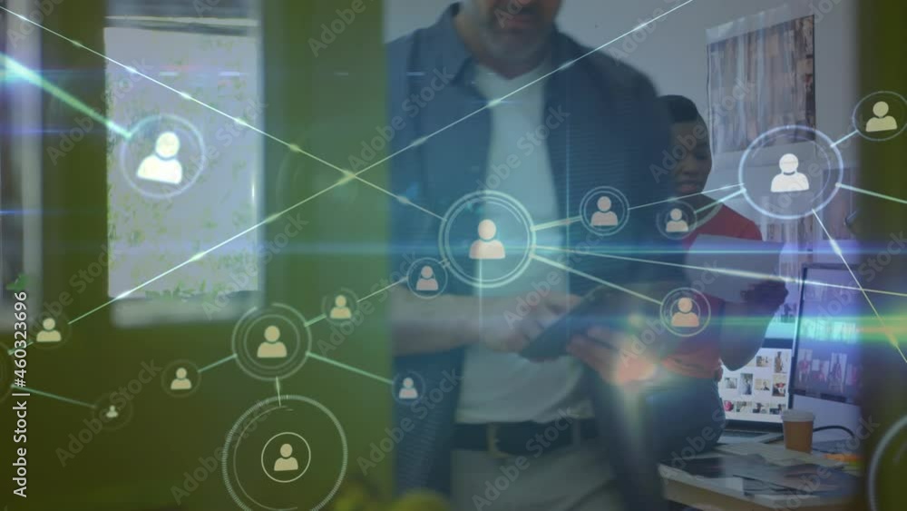 Poster animation of network of connection over man using smartphone