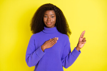 Photo of charming dark skin person arm on chest fingers point wear sweater isolated on yellow color background