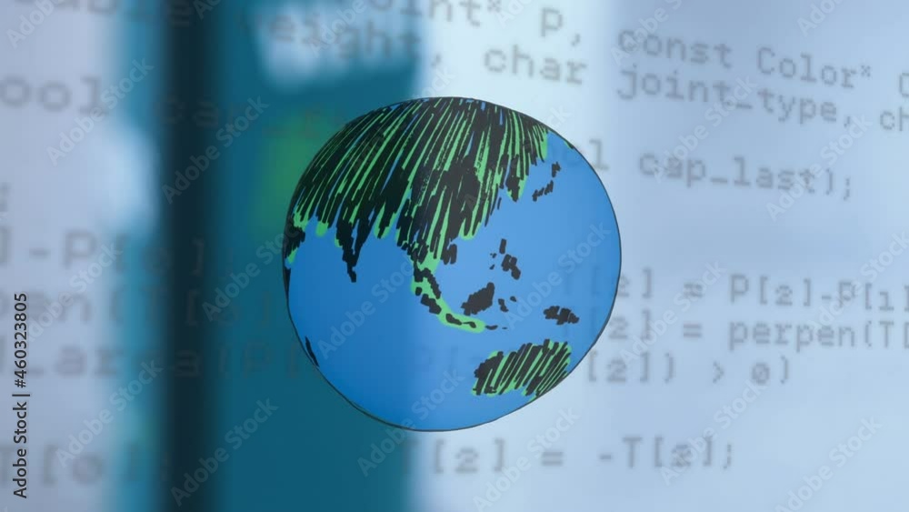 Poster animation of globe and data processing over people shaking hands