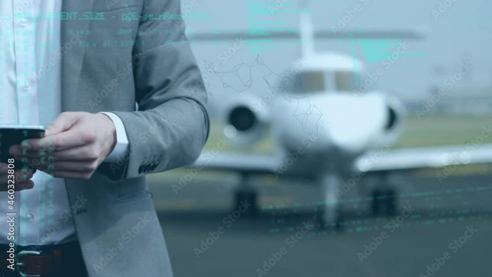 Poster animation of data processing over businessman using smartphone on the airport