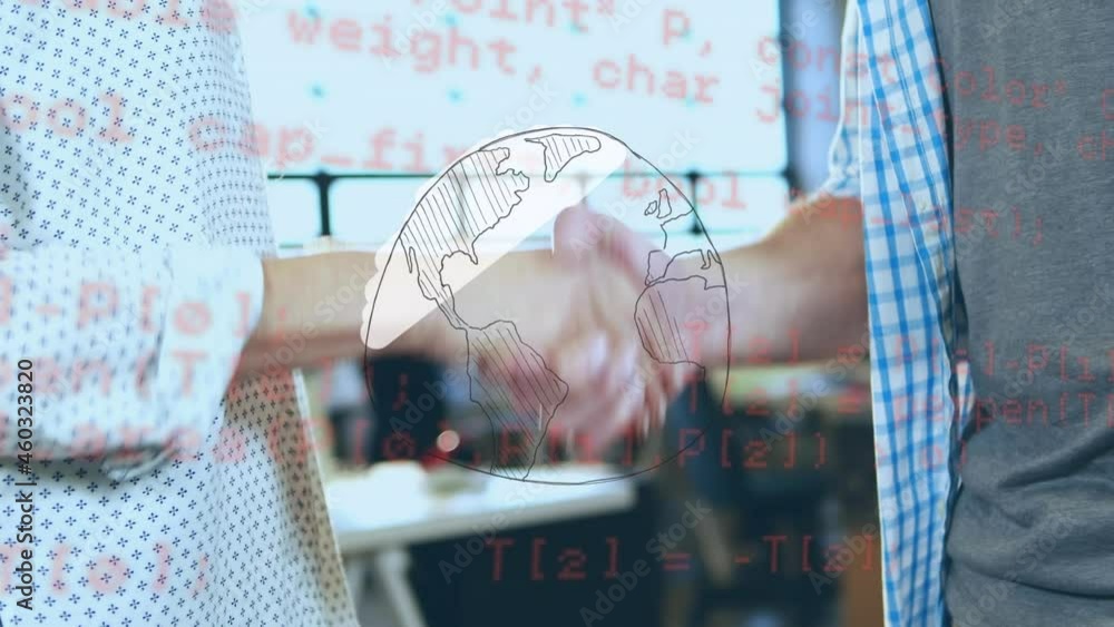 Poster animation of globe and data processing over people shaking hands