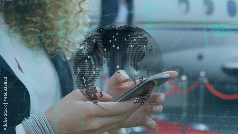 Poster animation of globe and data processing over businesswoman using smartphone