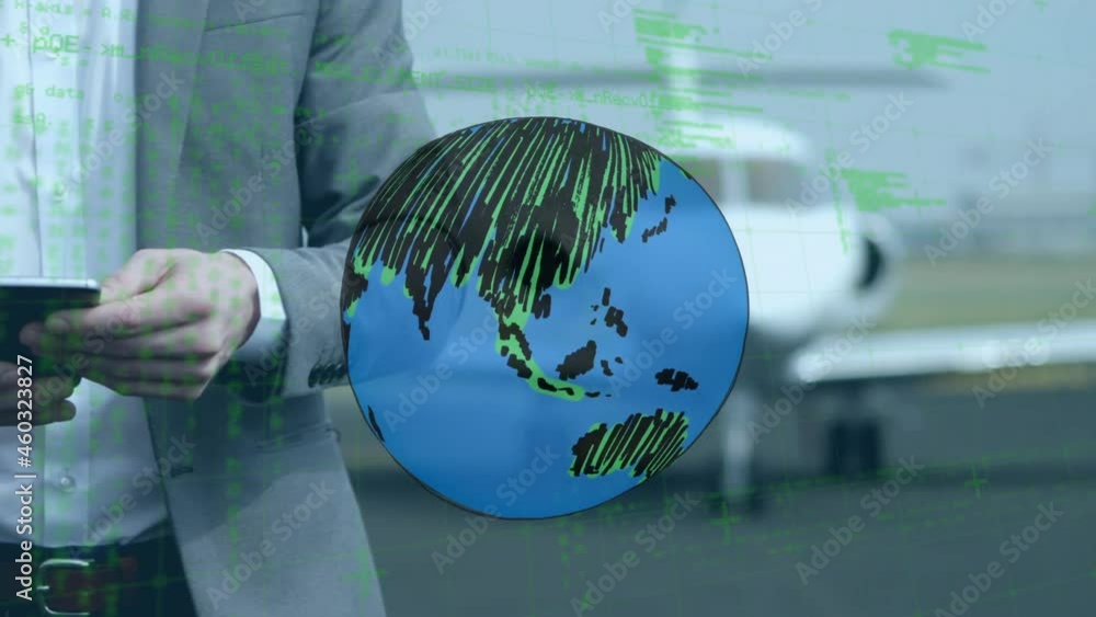 Poster animation of globe and data processing over businessman using smartphone on the airport