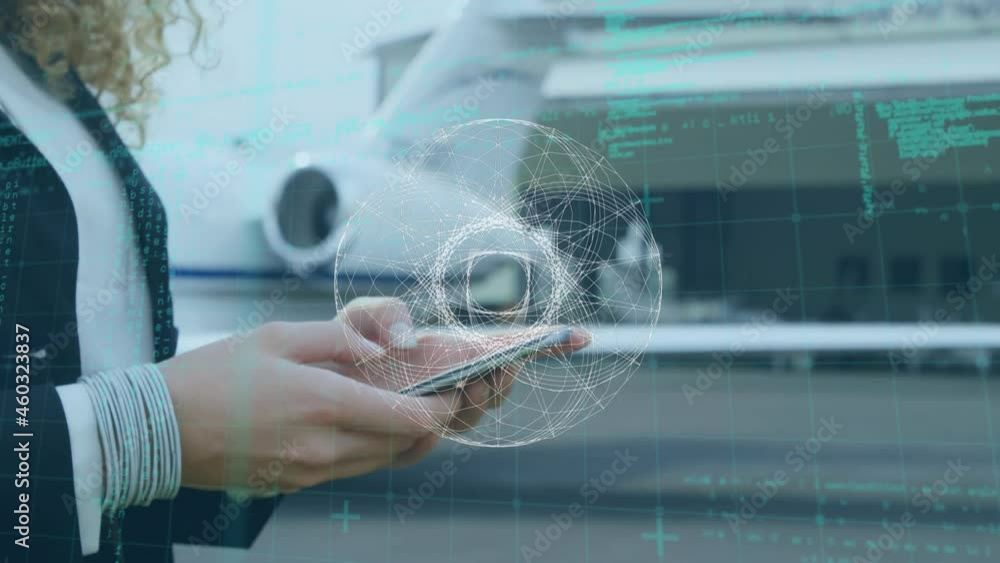 Poster animation of globe and data processing over businesswoman using smartphone