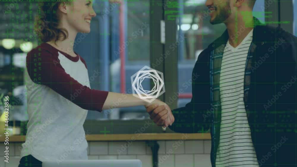 Poster animation of moving geometrical shapes and data processing over people shaking hands