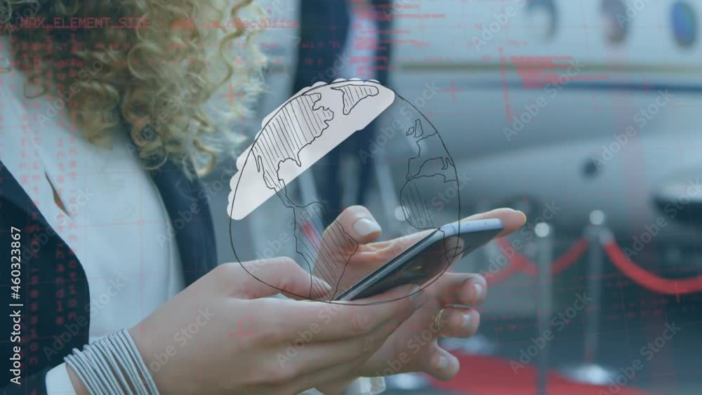 Poster animation of globe and data processing over businesswoman using smartphone