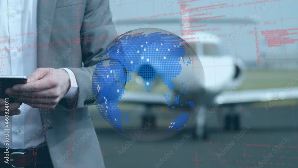 Poster animation of globe and data processing over businessman using smartphone on the airport