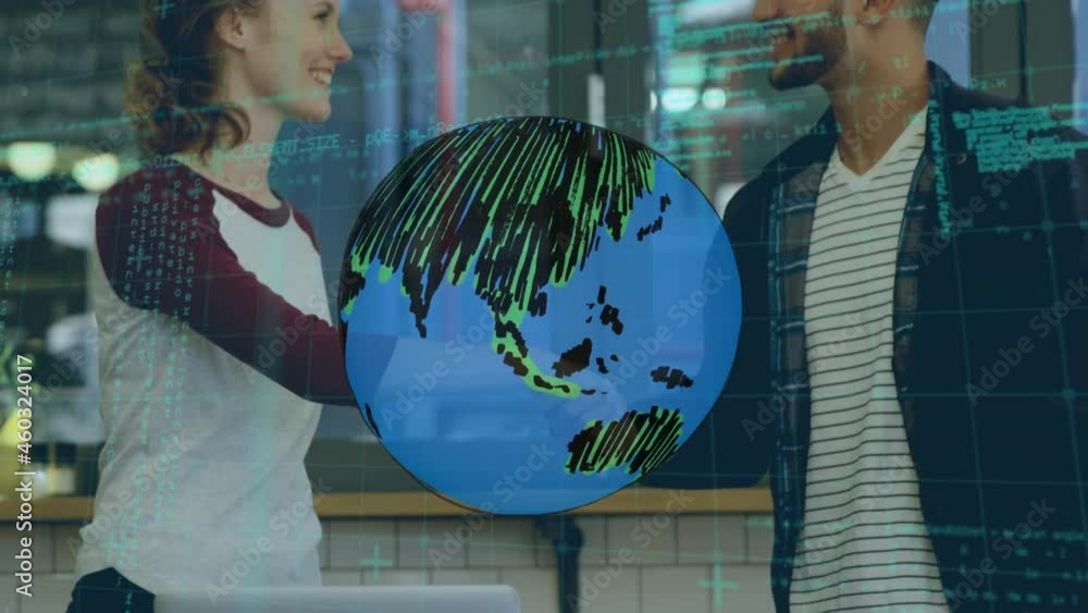 Poster animation of globe and data processing over people shaking hands