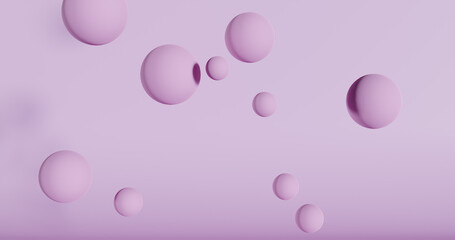 Abstract composition with 3d spheres. Pink realistic bubbles fall and bounce off the surface. Futuristic background of balls