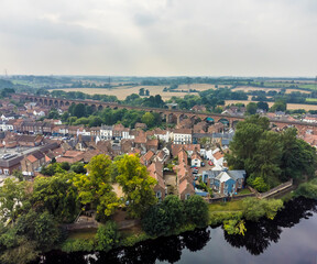 An aerial view over the town of Yarm, Yorkshire, UK in summertime