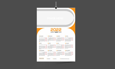 Orange Colored 12 Month Wall Vector Calendar 2022 Design