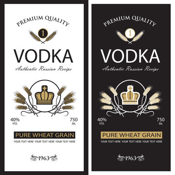collection of vodka labels with royal crown and ears of wheat in retro style