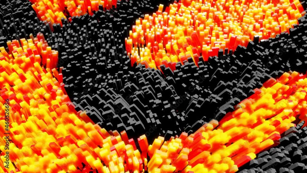 Poster Waves of orange color runs along glow blocks form a beautiful pattern on waving surface like garland. 4k abstract looped bg, sway sticks like coral. Abstract gradient pattern. Vj loop motion