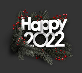 Happy 2022 Christmas fir branches with red berries.