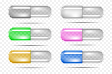 Empty colorful pill capsules on transparent background. Concept of realistic mockup of pharmaceutical capsule, medical tablet, antibiotic or herbal drug. Flat cartoon vector illustration