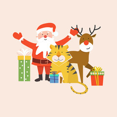 Festive Santa Claus, Christmas deer and tiger with gift boxes on light background. Flat vector bright illustration in cartoon style.