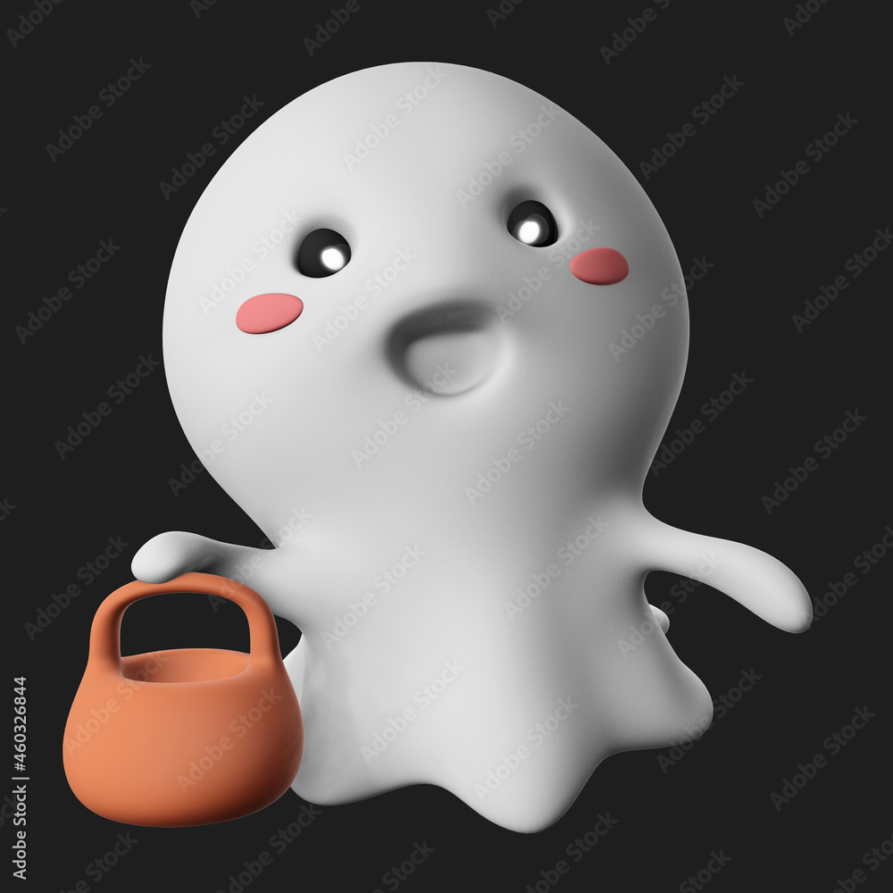 Poster rendering of a cute and happy ghost with a basket isolated on a dark background