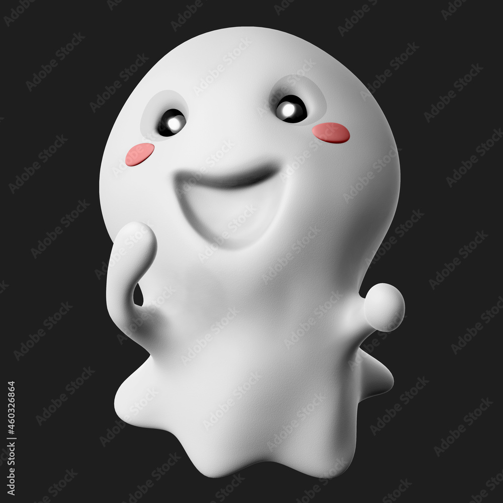 Poster rendering of a cute and happy ghost isolated on a dark background