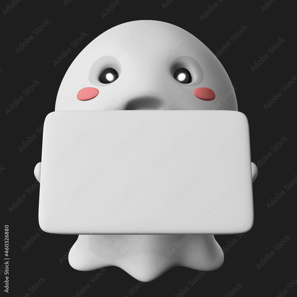 Poster 3d rendering of a cute ghost holding a white box space for text isolated on a dark background