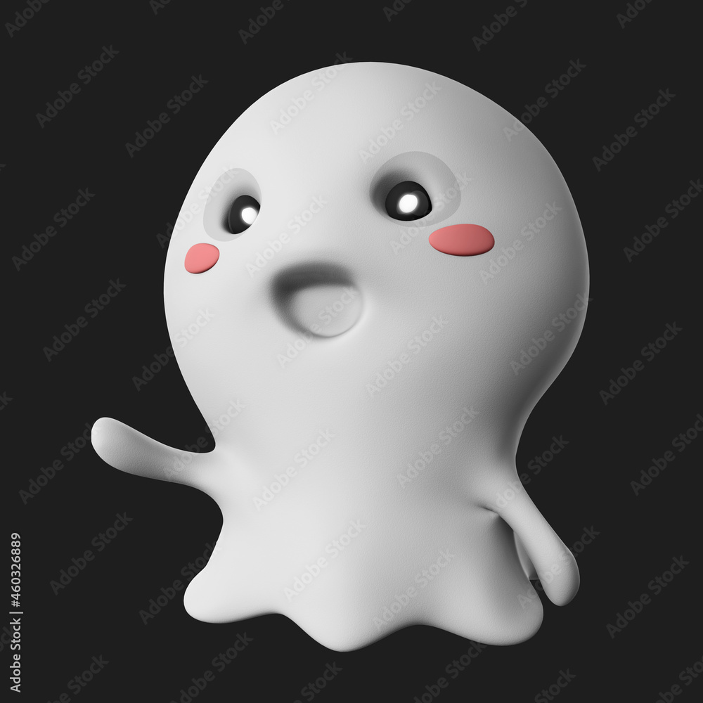 Poster 3d rendering of a cute and happy ghost isolated on a dark background