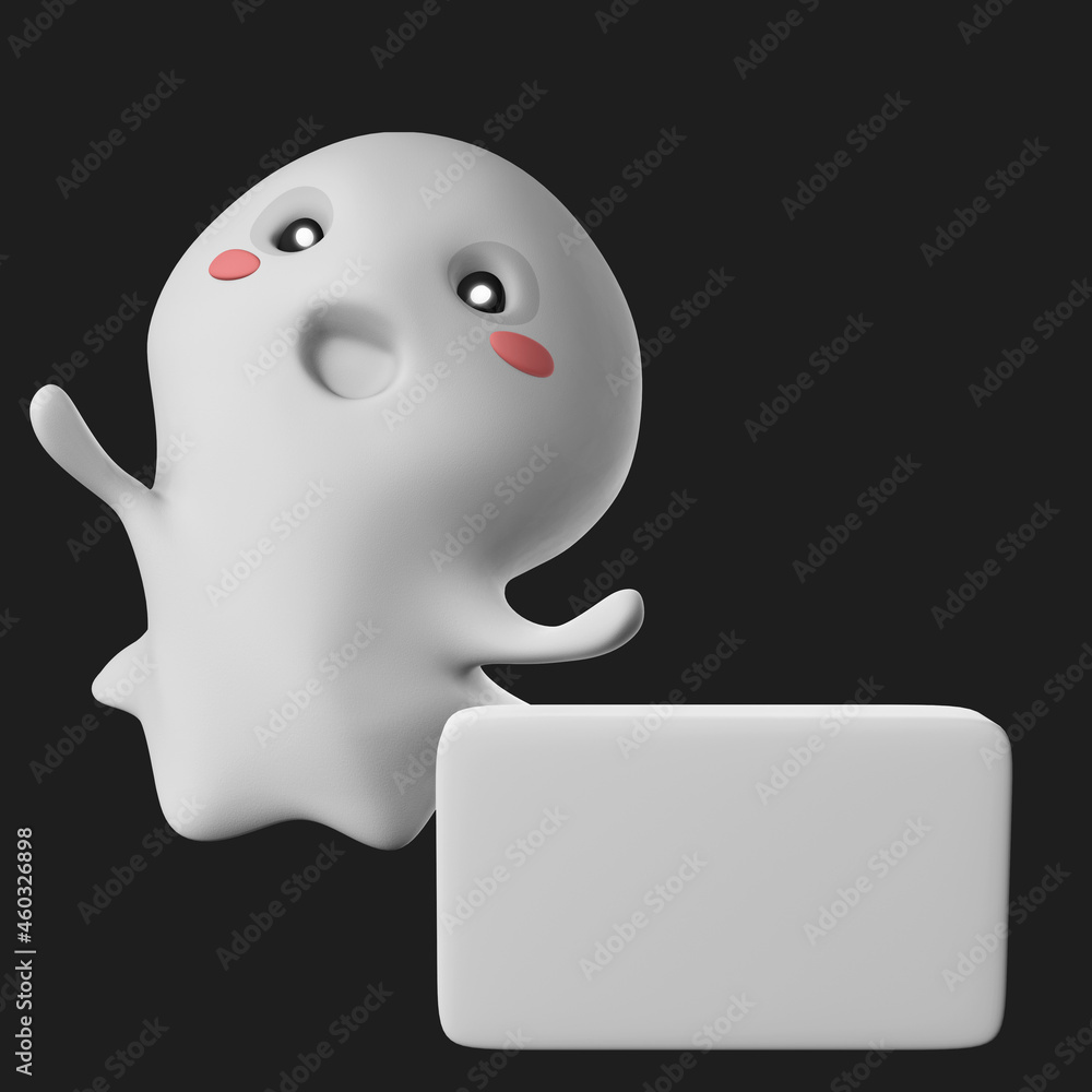 Poster 3d rendering of a cute ghost beside a white box space for text isolated on a dark background