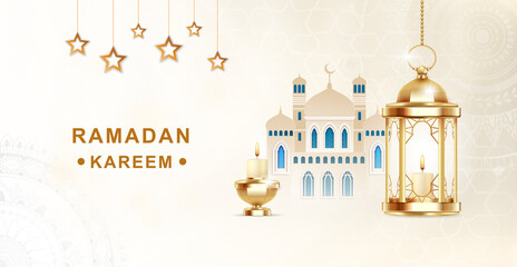 Cute ramadan kareem banner with mosque and lantern on light pastel background. Concept of traditional religious postcard template. Flat cartoon vector illustration