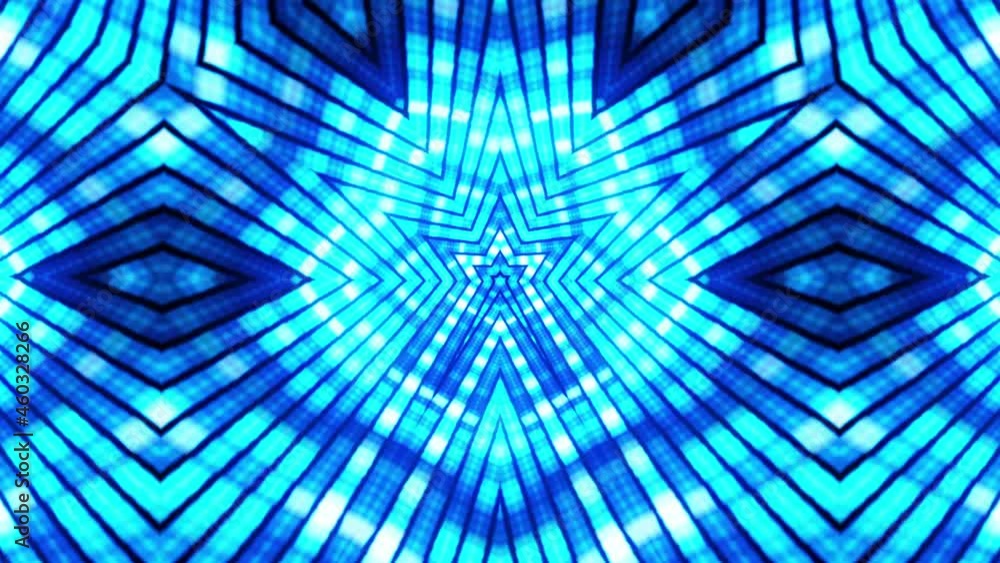 Poster infinite loop flicker blue rotating kaleidoscope tunnel of shining blue neon color lights. 4k abstra