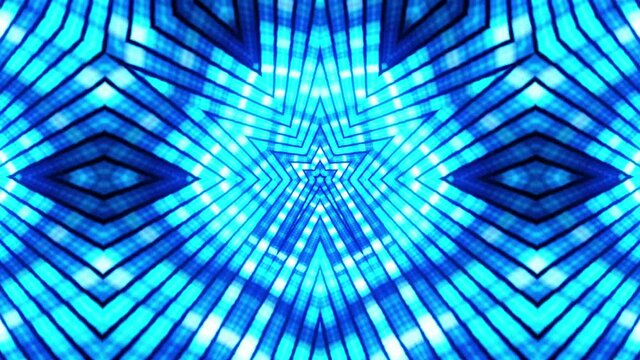 Infinite loop flicker blue rotating kaleidoscope tunnel of shining blue neon color lights. 4K Abstract digital tunnel sectors. Cyber colorful led wall and light shine rotating animation. Geometric VJ 