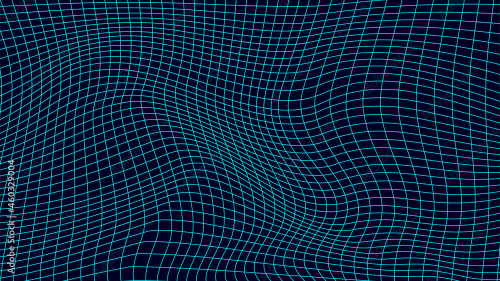 Poster abstract wavy 3d mesh on a blue background. geometric dynamic wave. 3d technology wireframe. vector 