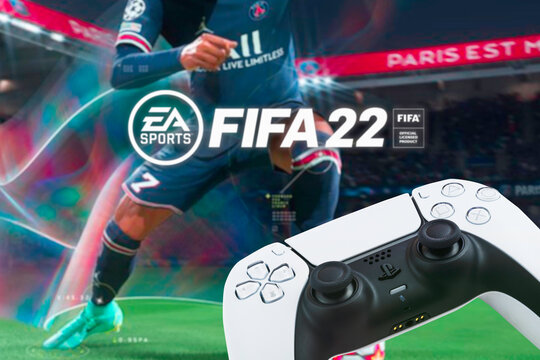 Playstation 5 Dual Sense Controller with FIFA 22 game blurred in the background. Rio de Janeiro, RJ, Brazil. October 2021.