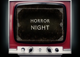 A retro TV set showing a fake silent movie, with the teasing text Horror Night inside a frame.
