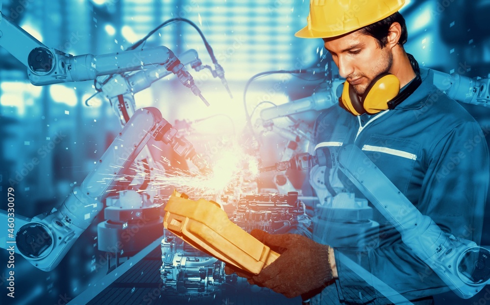 Poster mechanized industry robot arm and factory worker double exposure . concept of robotics technology fo