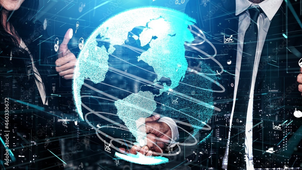 Poster conceptual business handshake with dashboard for financial data analysis . 3d render computer graphi