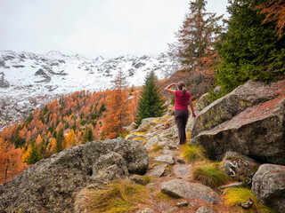 Girl during a hike in the mountains in the woods of Valtellina in Italy, with autumn colors....