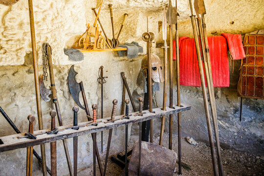 Collection of old medieval arms in the castle of Les Baux de Provence, France