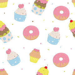 Seamless pattern with cute sweets - ice cream,  cupcakes, donuts and confetti. Pink, blue , green, brown and yellow colors. Vector illustration, great for gift wrap, paper design. 