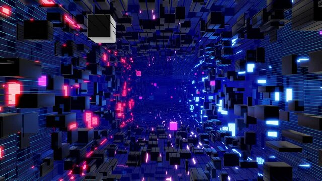 Tunnel with neon light. Sci-fi bg fly through tech digital space. Concept of hi-tech information flow, blockchain. 3d looped bg motion design, cubes and frames, constructions. Dark dynamic bg