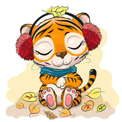 Cartoon Tiger with fur headphones and scarf