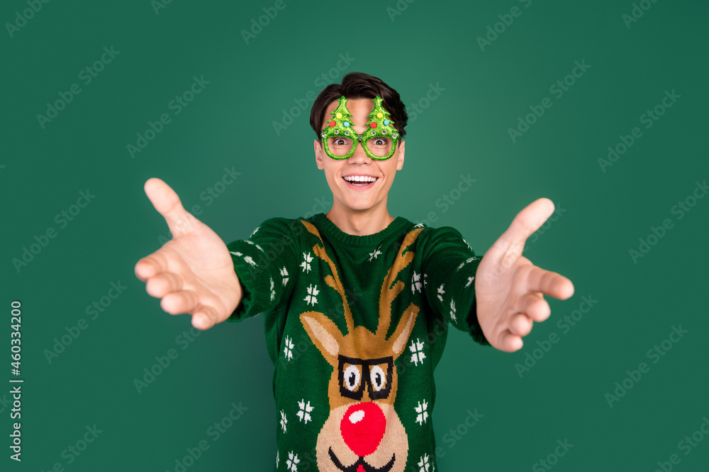 Canvas Prints photo of funny funky crazy guy stretch hands you wear glasses deer ornament pullover isolated green 