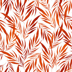 Seamless pattern orange Watercolor leaves of palm tree on white background. Abstract nature wallpaper. Autumn dry leaf pattern. hand draw branches, leafy botanical art. modern tropical wallpaper