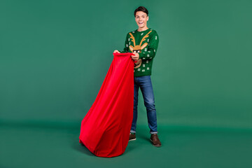 Photo of excited funky guy open large bag gifts wear deer ornament pullover isolated green color background