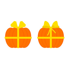 Gift pumpkin with bow and ribbon. Vector clipart and illustration on a white background. 