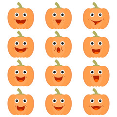 Pumpkin cartoon icons with faces. Set of colored characters. Cute, funny and happy vector illustrations and vegetables on a white background.